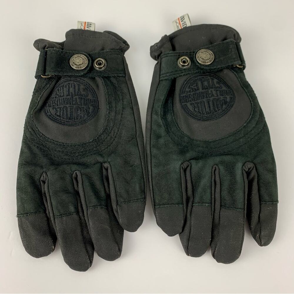 Harley Davidson Black Leather Canvas Snap Winter Gloves XL Woman’s